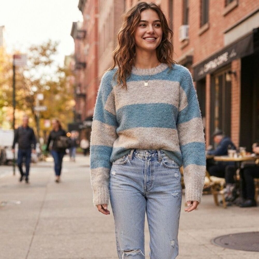 BDG Urban Outfitters Blue & Beige Striped Fuzzy Crewneck Sweater Size Large